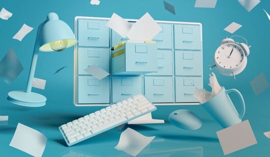 Digital image of office equipment flying around