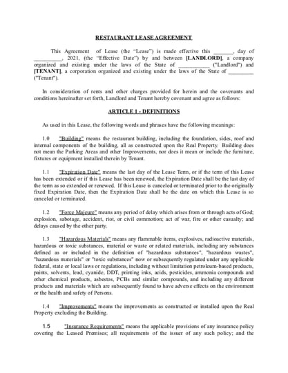 Restaurant Lease Agreenet