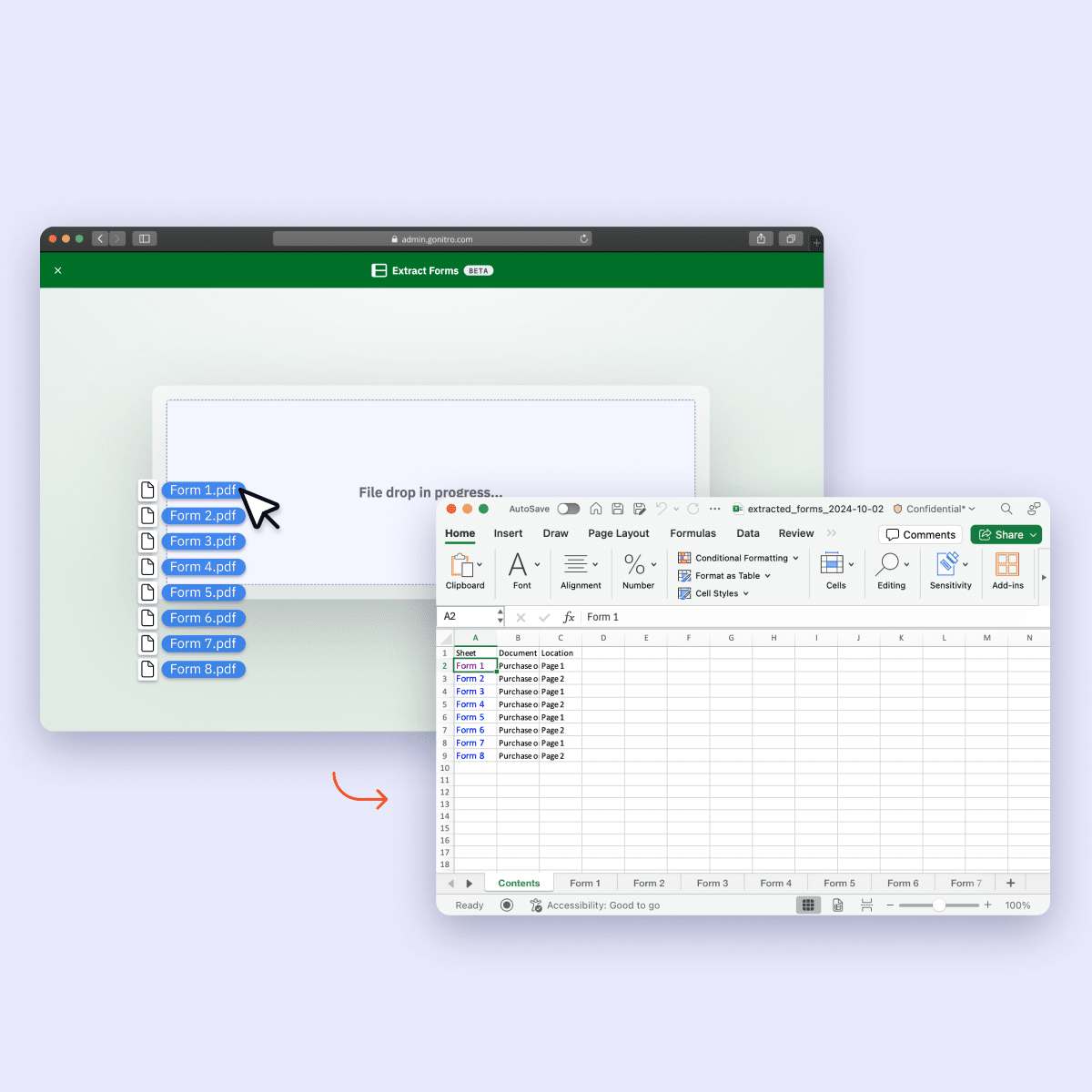 Screenshot showing workspace with form extract feature